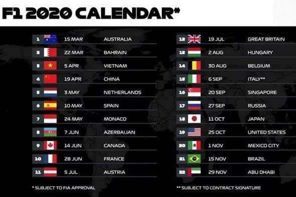 F1 calendar 2020